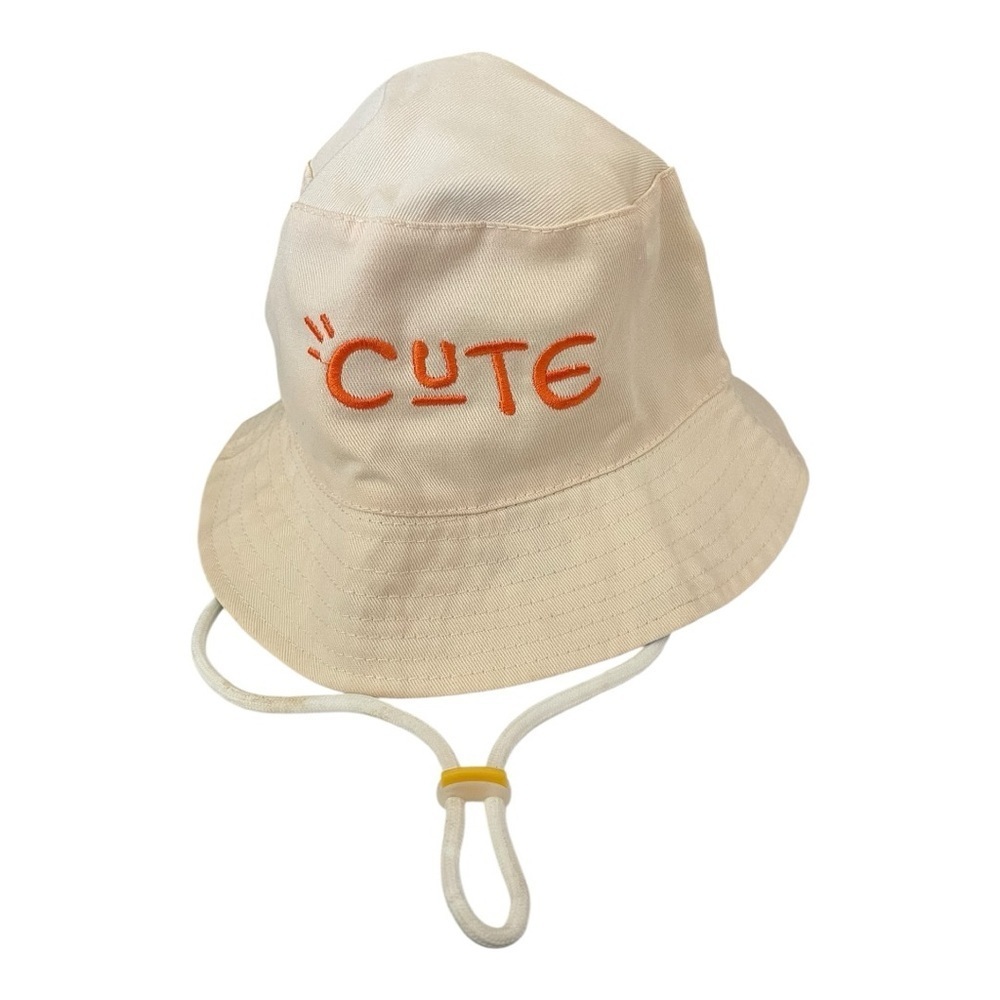 Baby Bucket Hat reversible Orange 'Cute' Embroidery Cotton Beige size: 48 baby